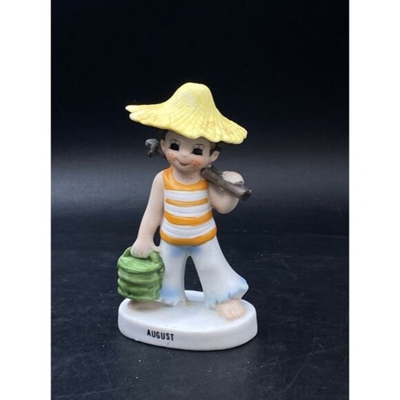 Lefton August Birthday Child Figurine Vintage Fishing Boy Girl 6343 - Picture 1 of 10